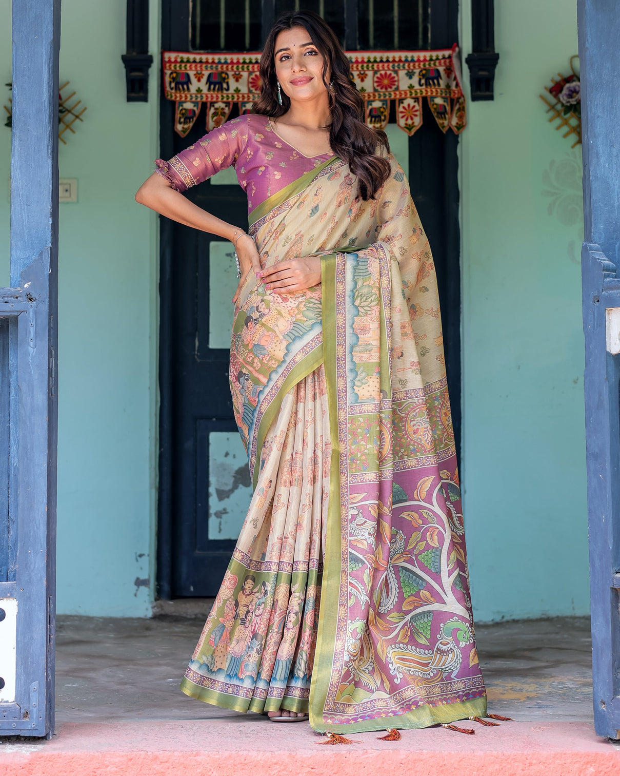 Ivory violet handloom cotton saree with royal procession tree of life pallu