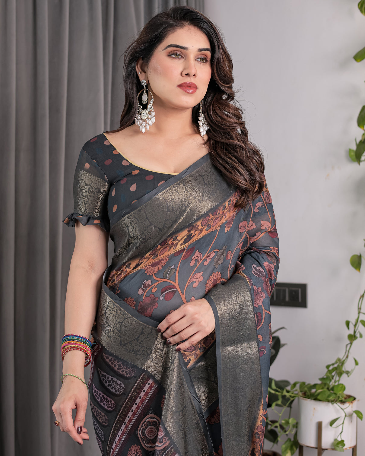 Charcoal grey digital printed saree with maroon floral tribal border motifs antique zari highlights 5 5m saree 0 8m blouse piece