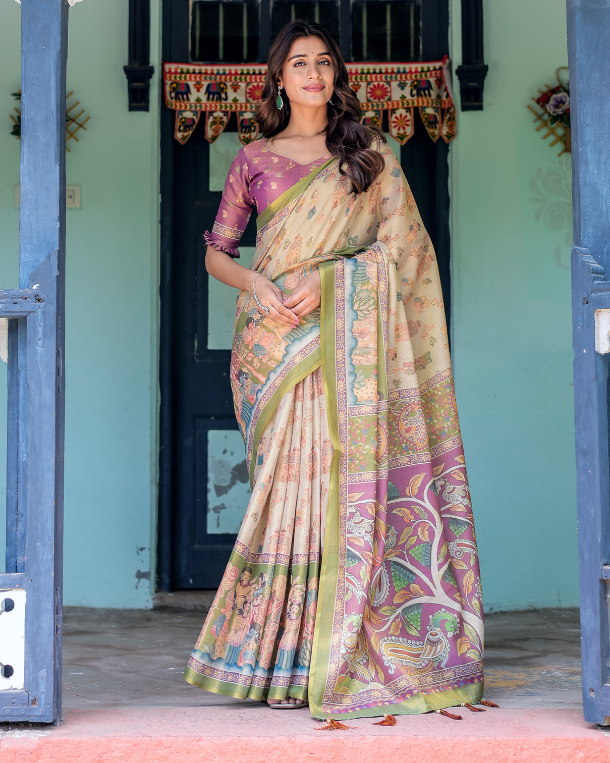 Ivory violet handloom cotton saree with royal procession tree of life pallu mameraa