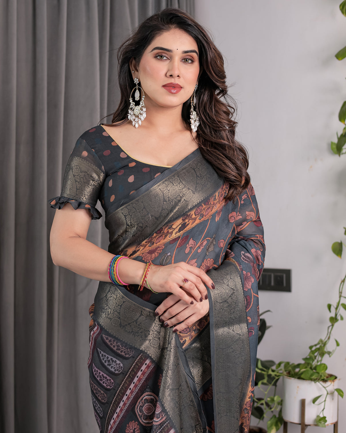 Charcoal grey digital printed saree with maroon floral tribal border motifs antique zari highlights 5 5m saree 0 8m blouse piece
