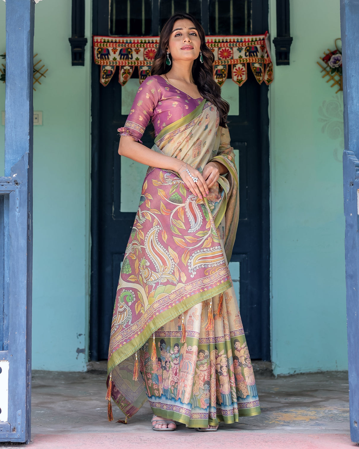 Ivory violet handloom cotton saree with royal procession tree of life pallu