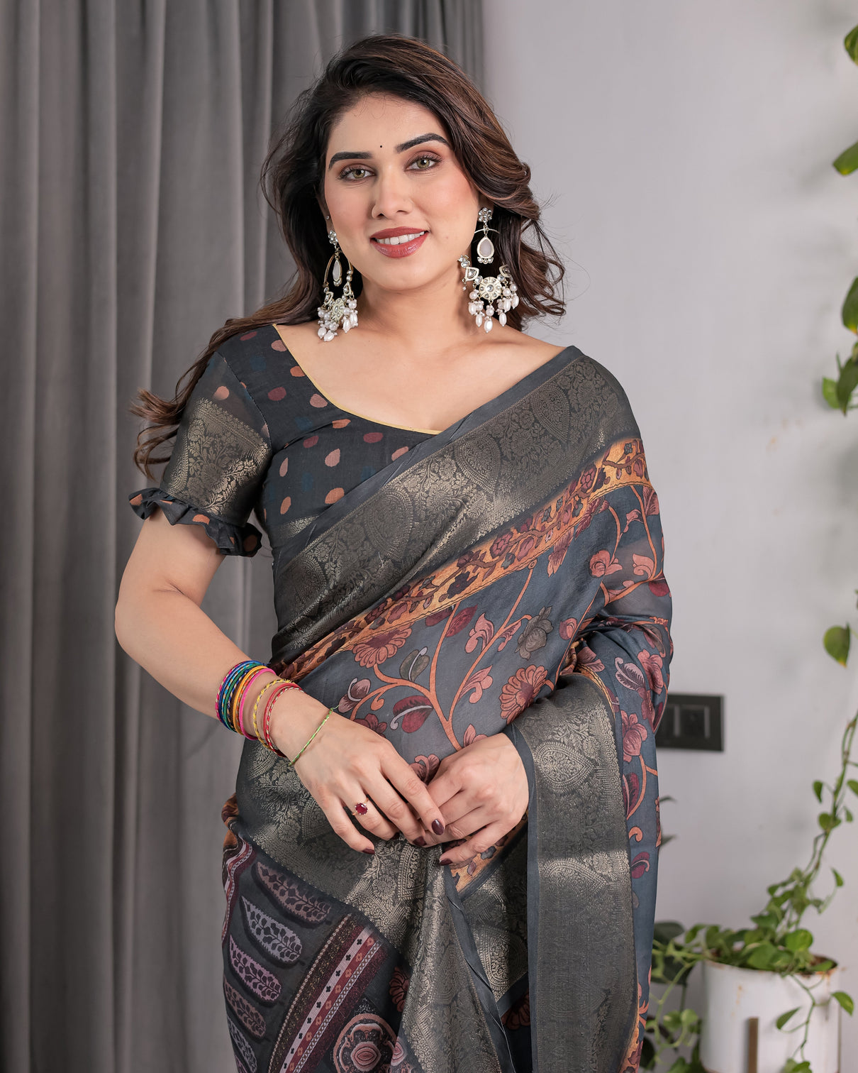 Charcoal grey digital printed saree with maroon floral tribal border motifs antique zari highlights 5 5m saree 0 8m blouse piece