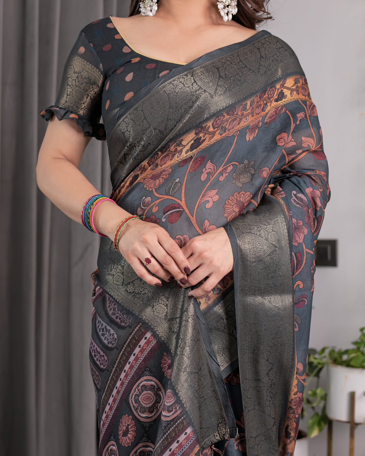 Charcoal grey digital printed saree with maroon floral tribal border motifs antique zari highlights 5 5m saree 0 8m blouse piece