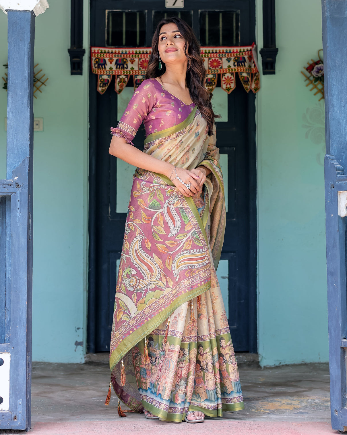 Ivory violet handloom cotton saree with royal procession tree of life pallu