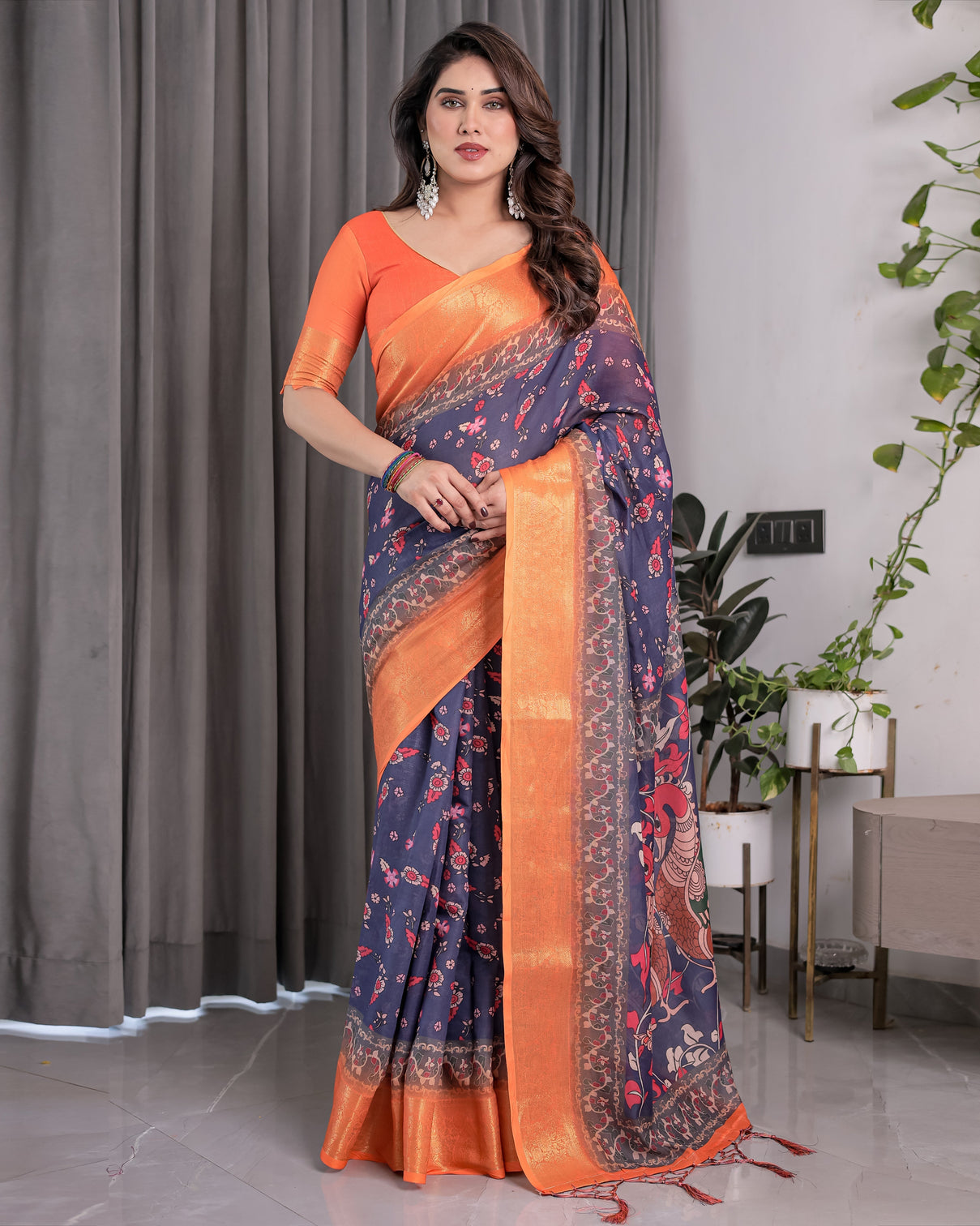 Vibrant orange navy blue handloom saree with kalamkari peacock art pallu zari border 5 5m saree 0 8m blouse piece