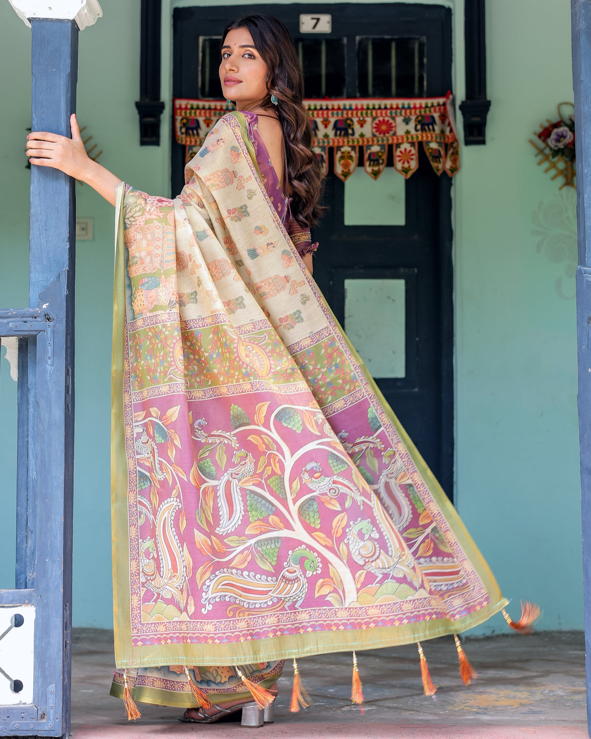 Ivory violet handloom cotton saree with royal procession tree of life pallu