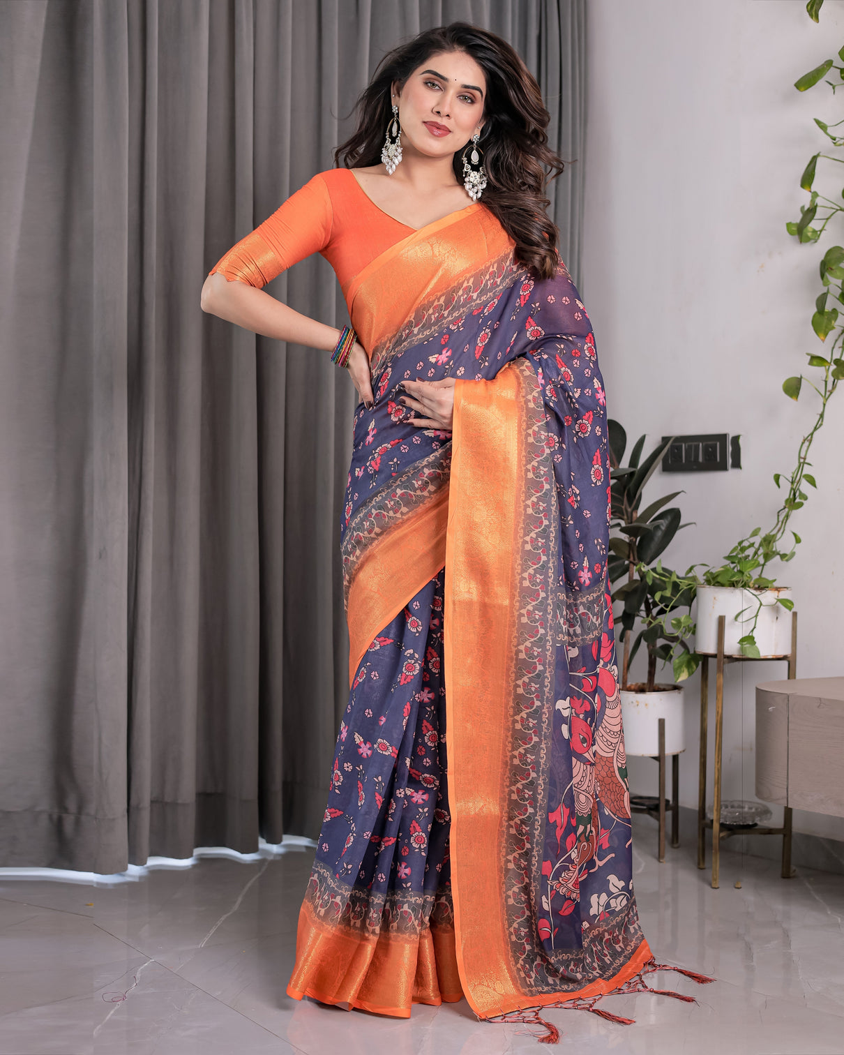 Vibrant orange navy blue handloom saree with kalamkari peacock art pallu zari border 5 5m saree 0 8m blouse piece
