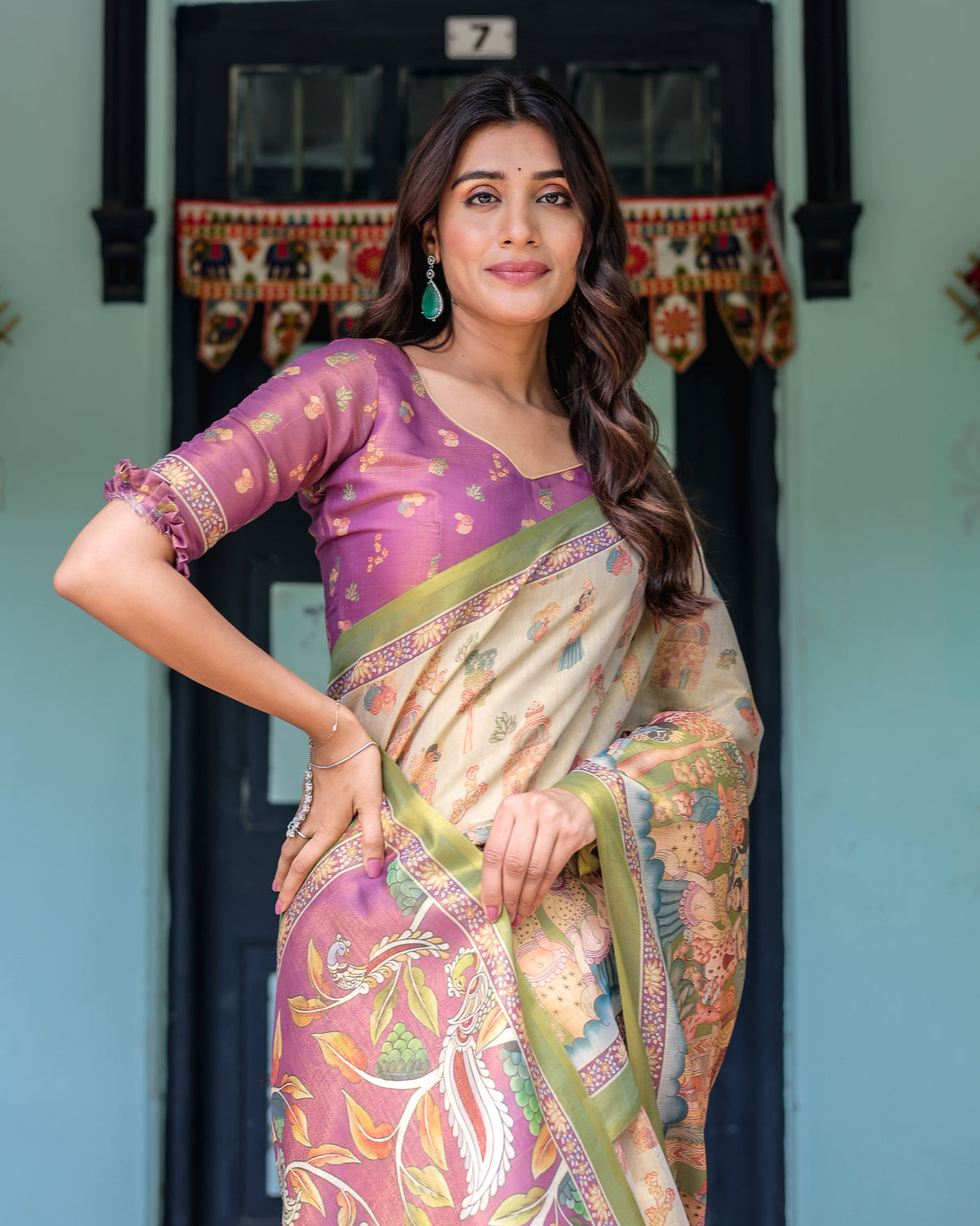 Ivory violet handloom cotton saree with royal procession tree of life pallu