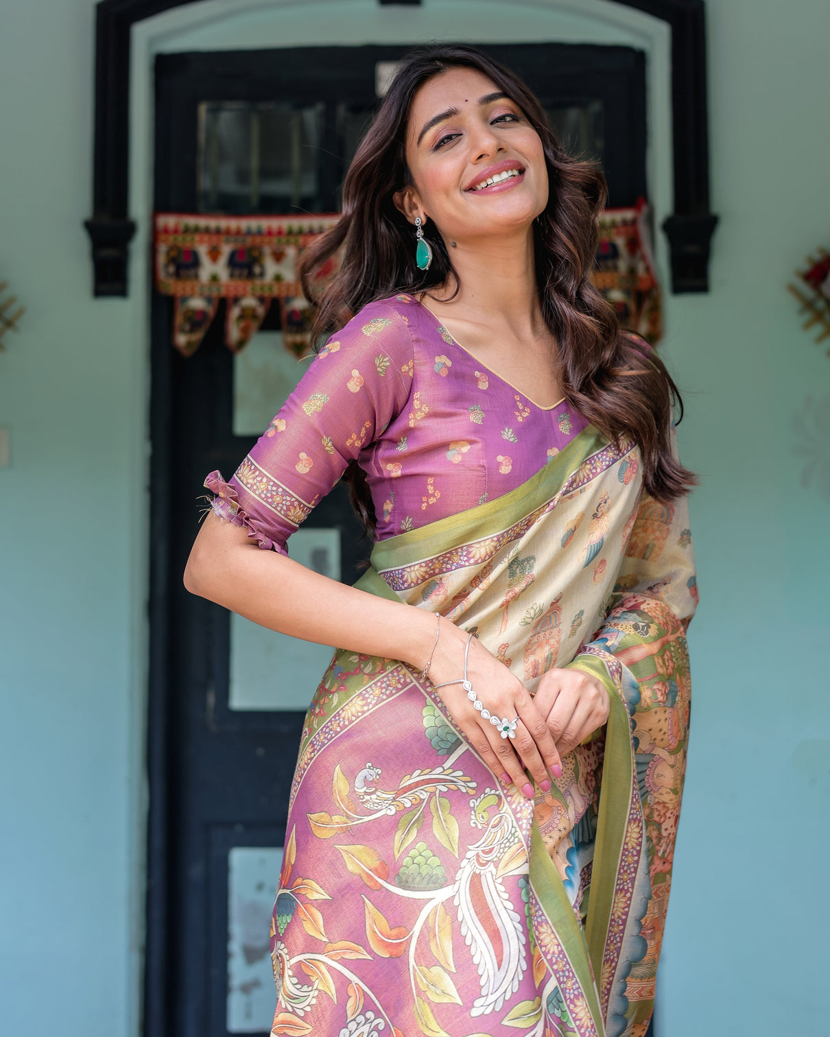 Ivory violet handloom cotton saree with royal procession tree of life pallu