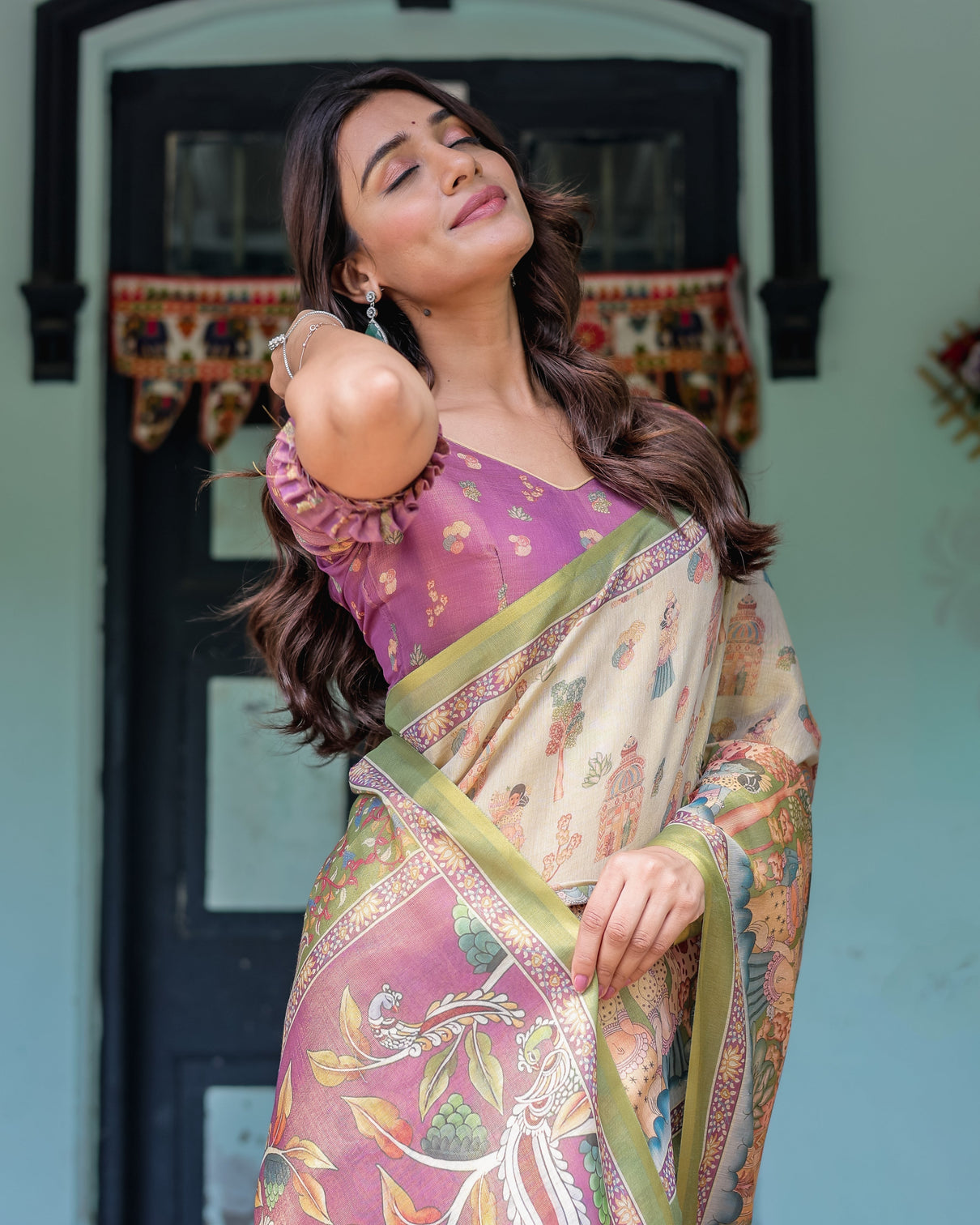Ivory violet handloom cotton saree with royal procession tree of life pallu