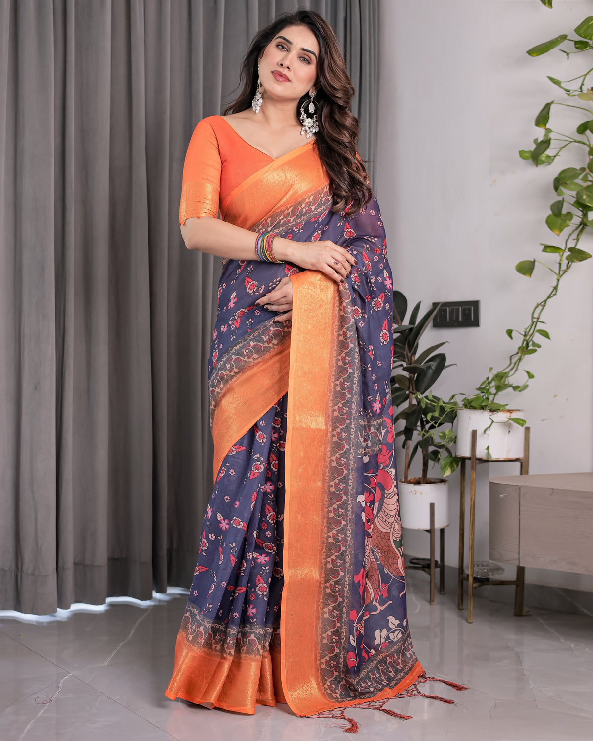 Vibrant orange navy blue handloom saree with kalamkari peacock art pallu zari border 5 5m saree 0 8m blouse piece
