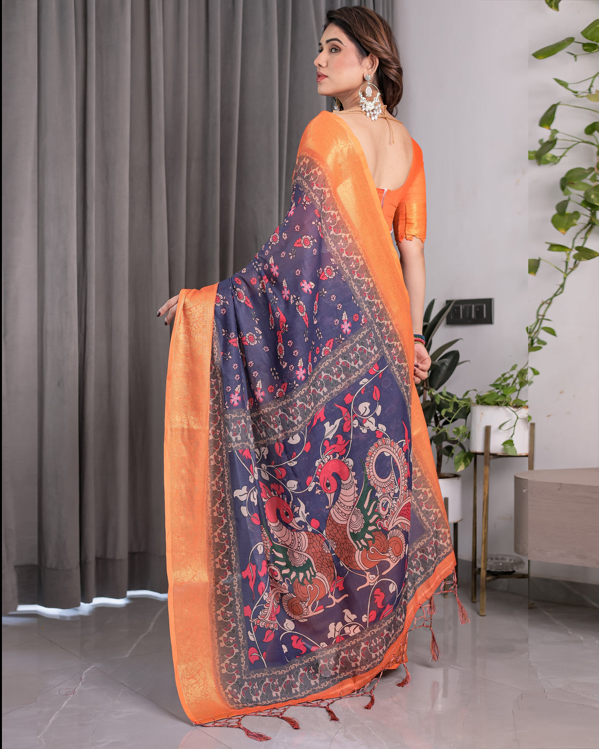 Vibrant orange navy blue handloom saree with kalamkari peacock art pallu zari border 5 5m saree 0 8m blouse piece