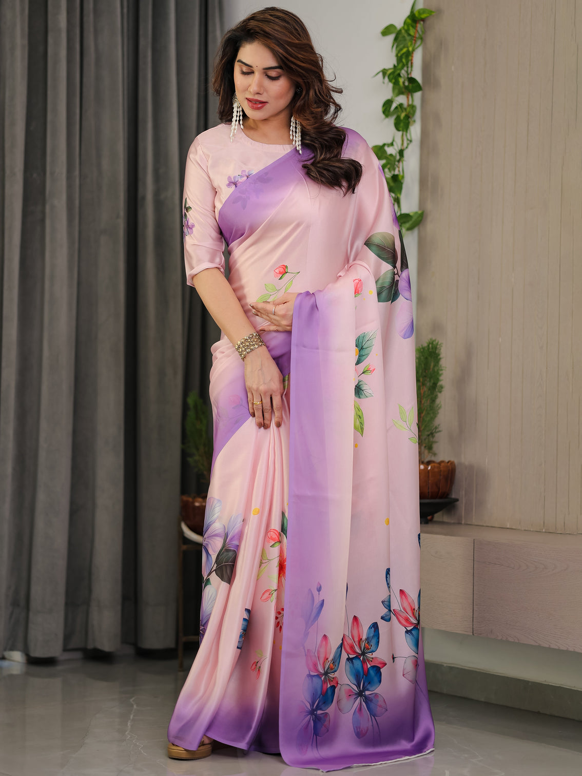 Lavender pink satin georgette floral printed saree with ombre border attached blouse soft pastel designer elegance