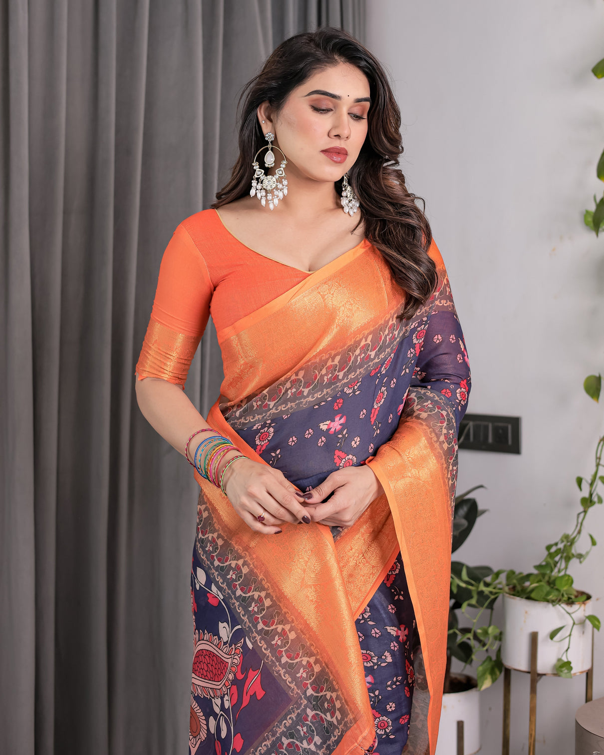 Vibrant orange navy blue handloom saree with kalamkari peacock art pallu zari border 5 5m saree 0 8m blouse piece