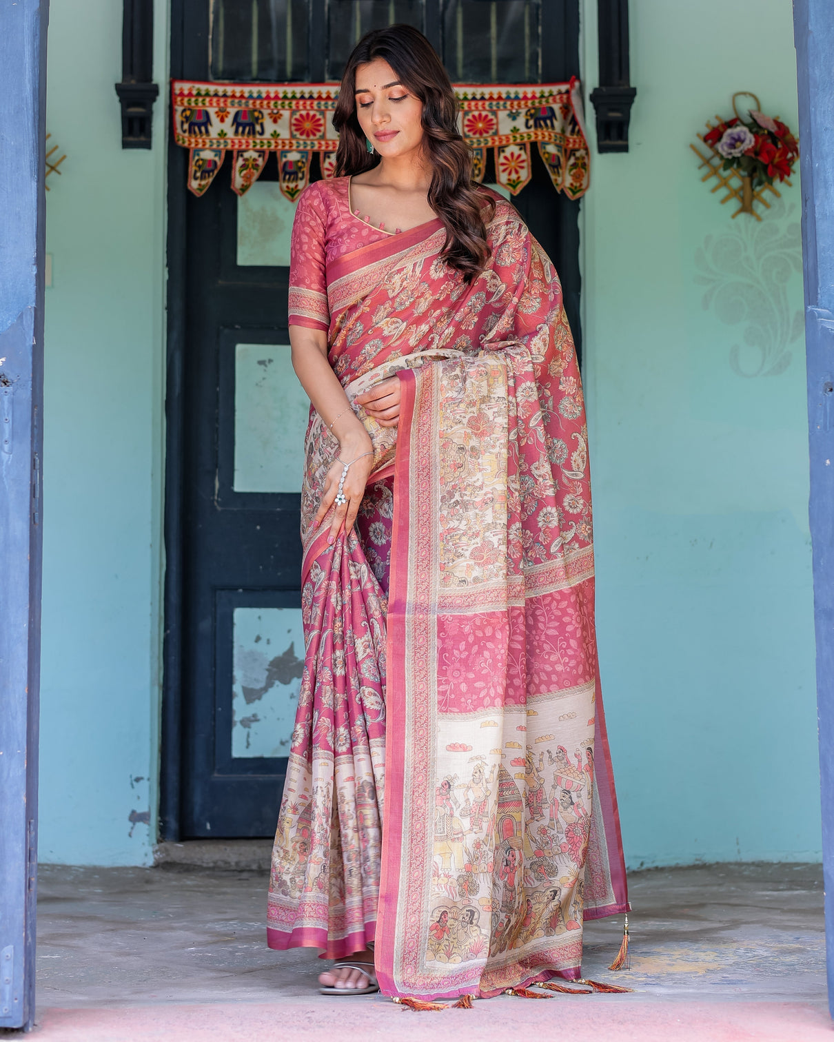 Maroon rose pink handloom cotton saree with traditional procession print floral vine motifs