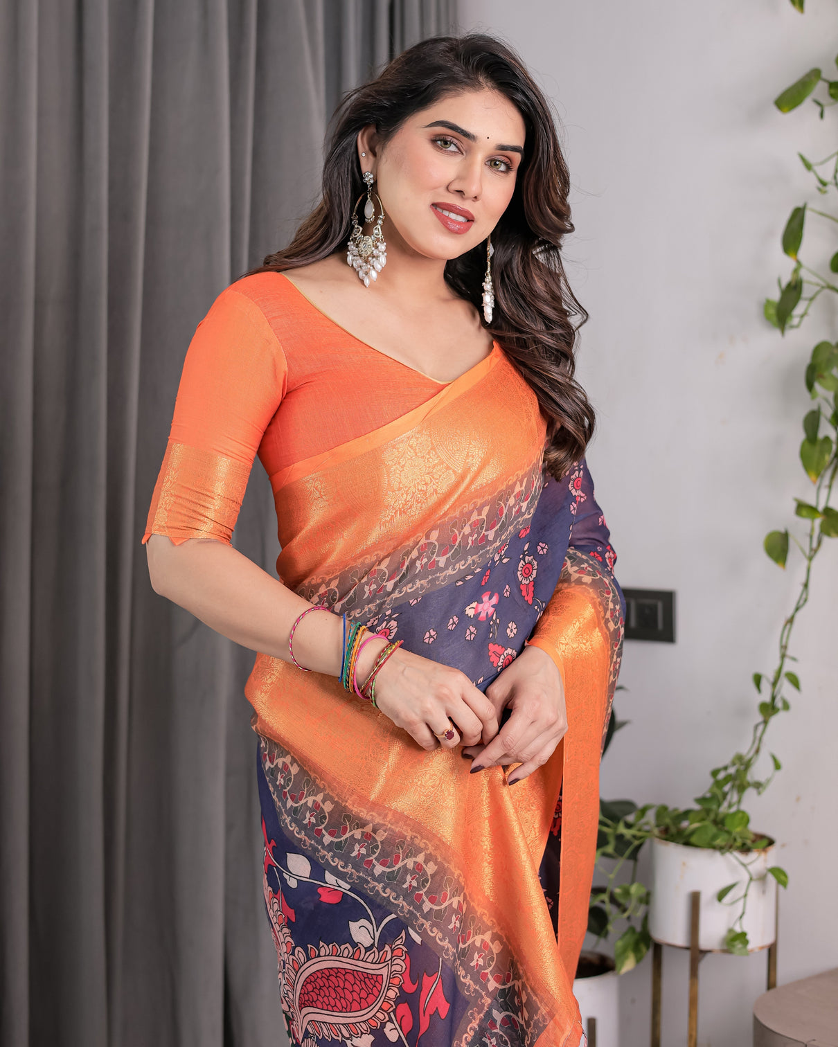 Vibrant orange navy blue handloom saree with kalamkari peacock art pallu zari border 5 5m saree 0 8m blouse piece