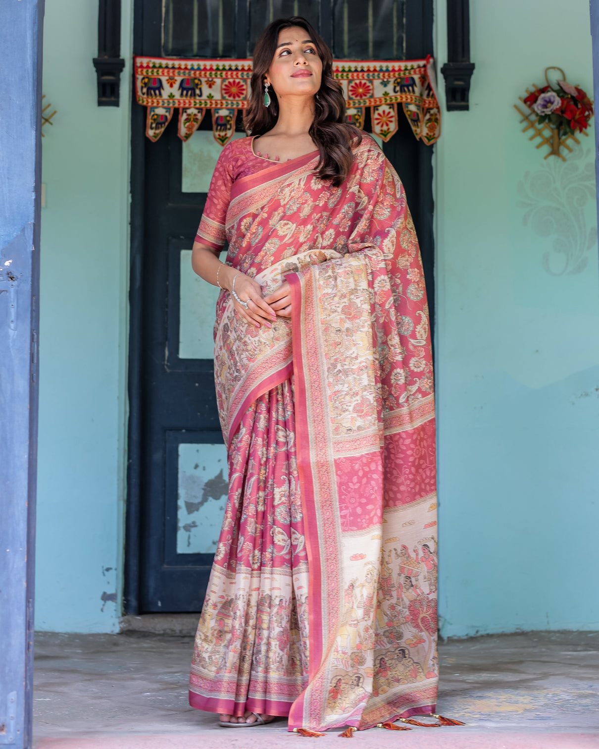 Maroon rose pink handloom cotton saree with traditional procession print floral vine motifs mameraa