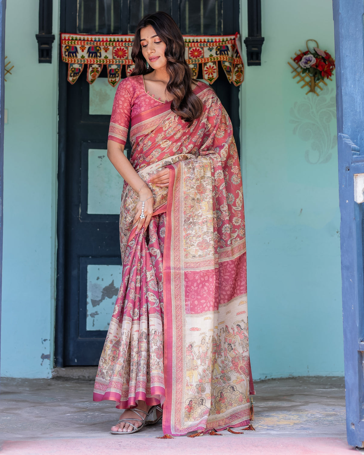 Maroon rose pink handloom cotton saree with traditional procession print floral vine motifs