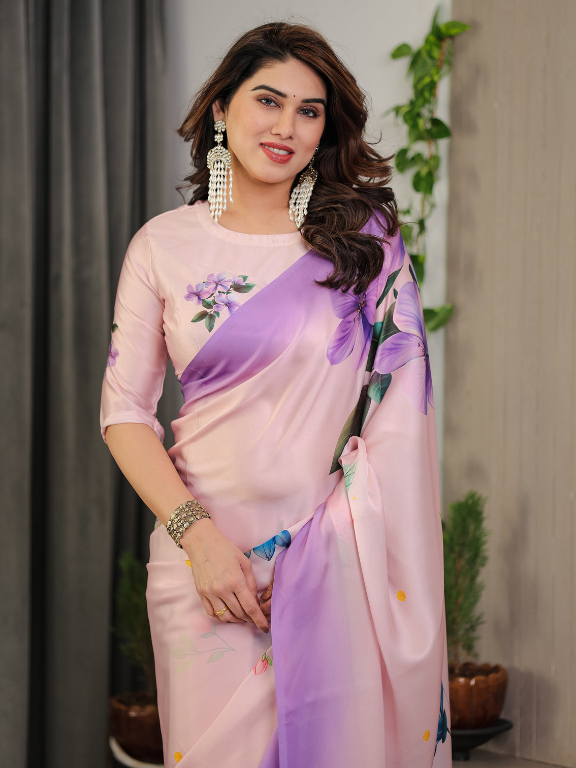 Lavender pink satin georgette floral printed saree with ombre border attached blouse soft pastel designer elegance