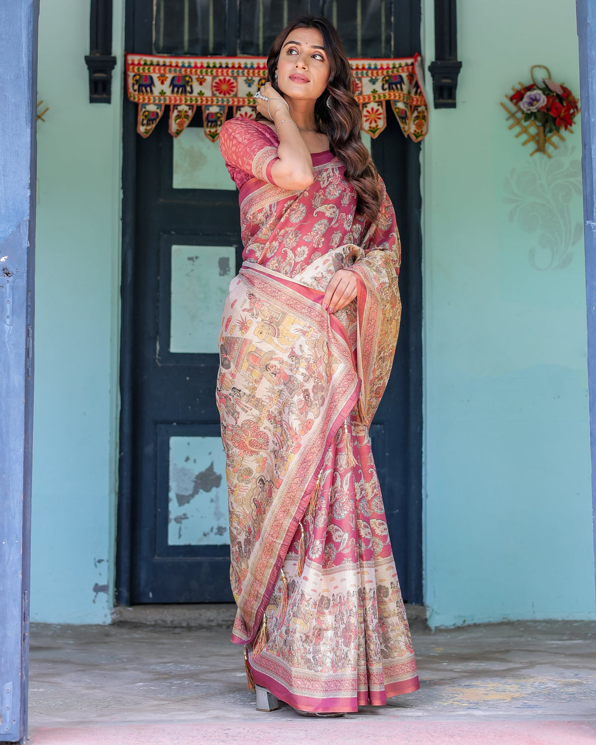 Maroon rose pink handloom cotton saree with traditional procession print floral vine motifs
