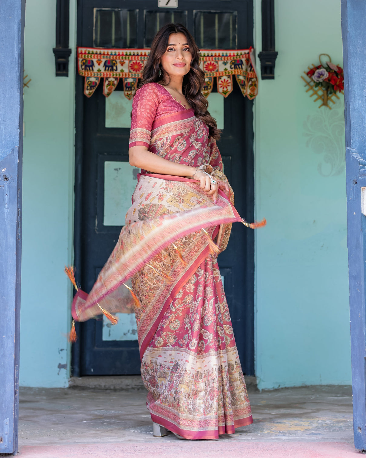Maroon rose pink handloom cotton saree with traditional procession print floral vine motifs