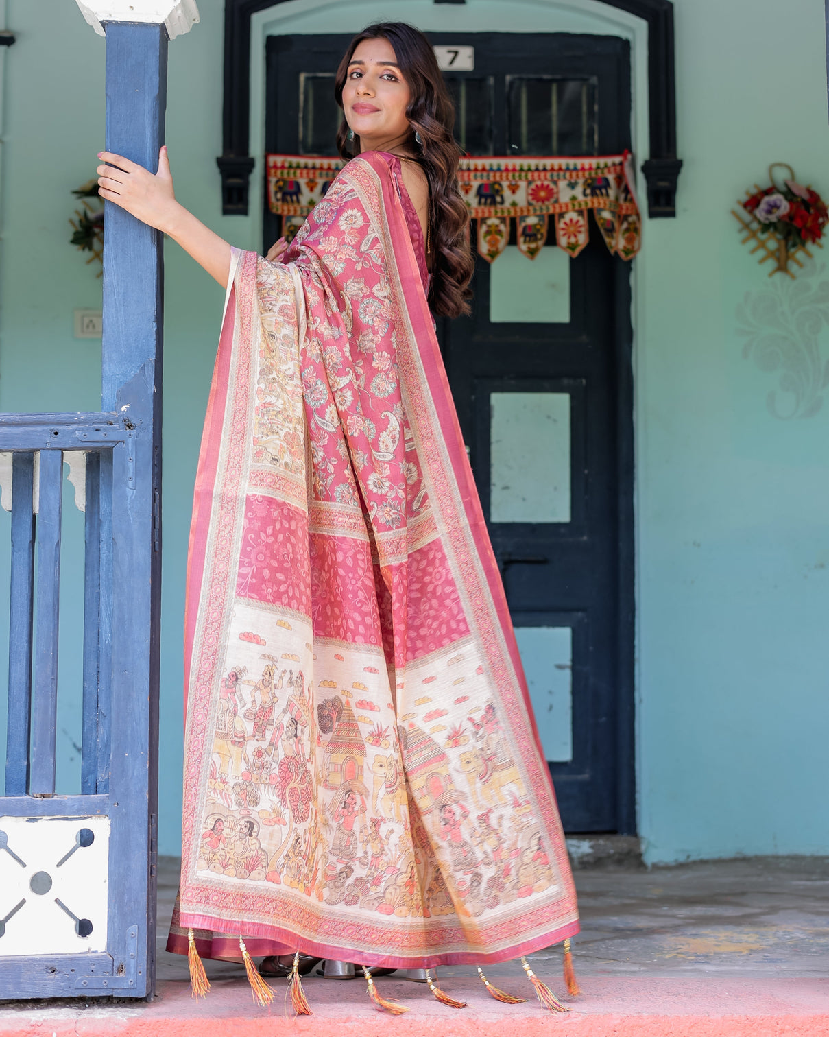 Maroon rose pink handloom cotton saree with traditional procession print floral vine motifs