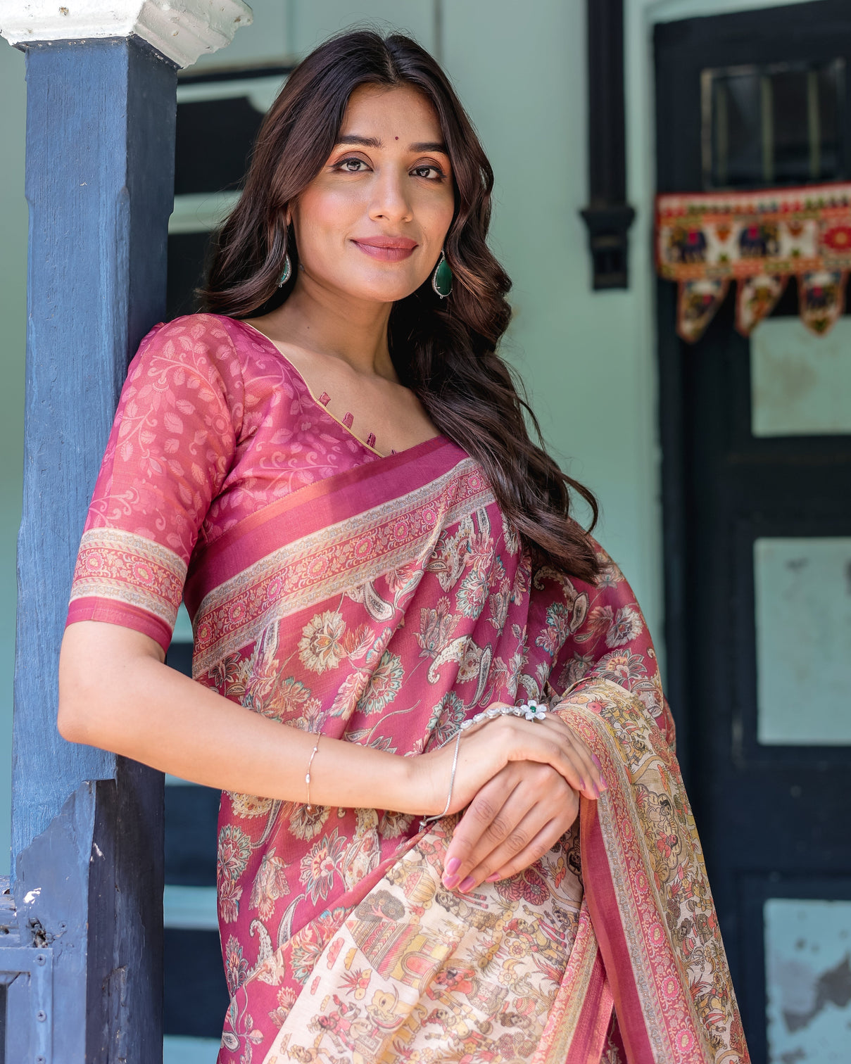Maroon rose pink handloom cotton saree with traditional procession print floral vine motifs