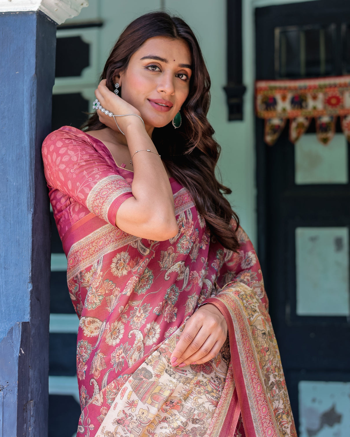 Maroon rose pink handloom cotton saree with traditional procession print floral vine motifs