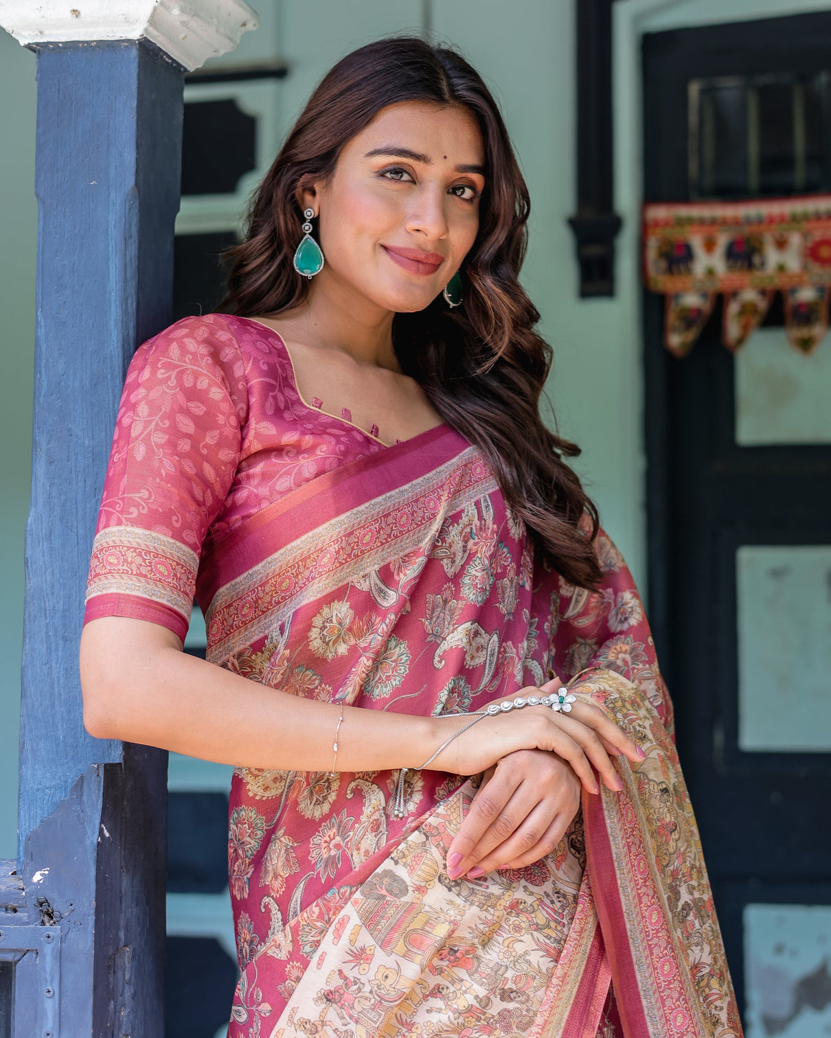 Maroon rose pink handloom cotton saree with traditional procession print floral vine motifs