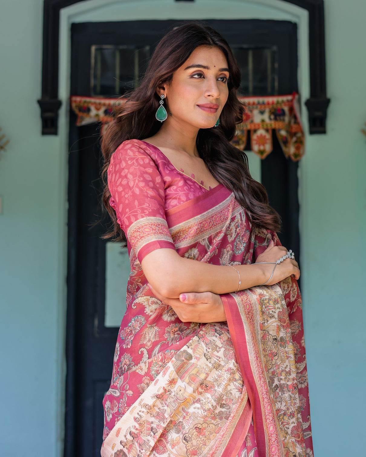 Maroon rose pink handloom cotton saree with traditional procession print floral vine motifs