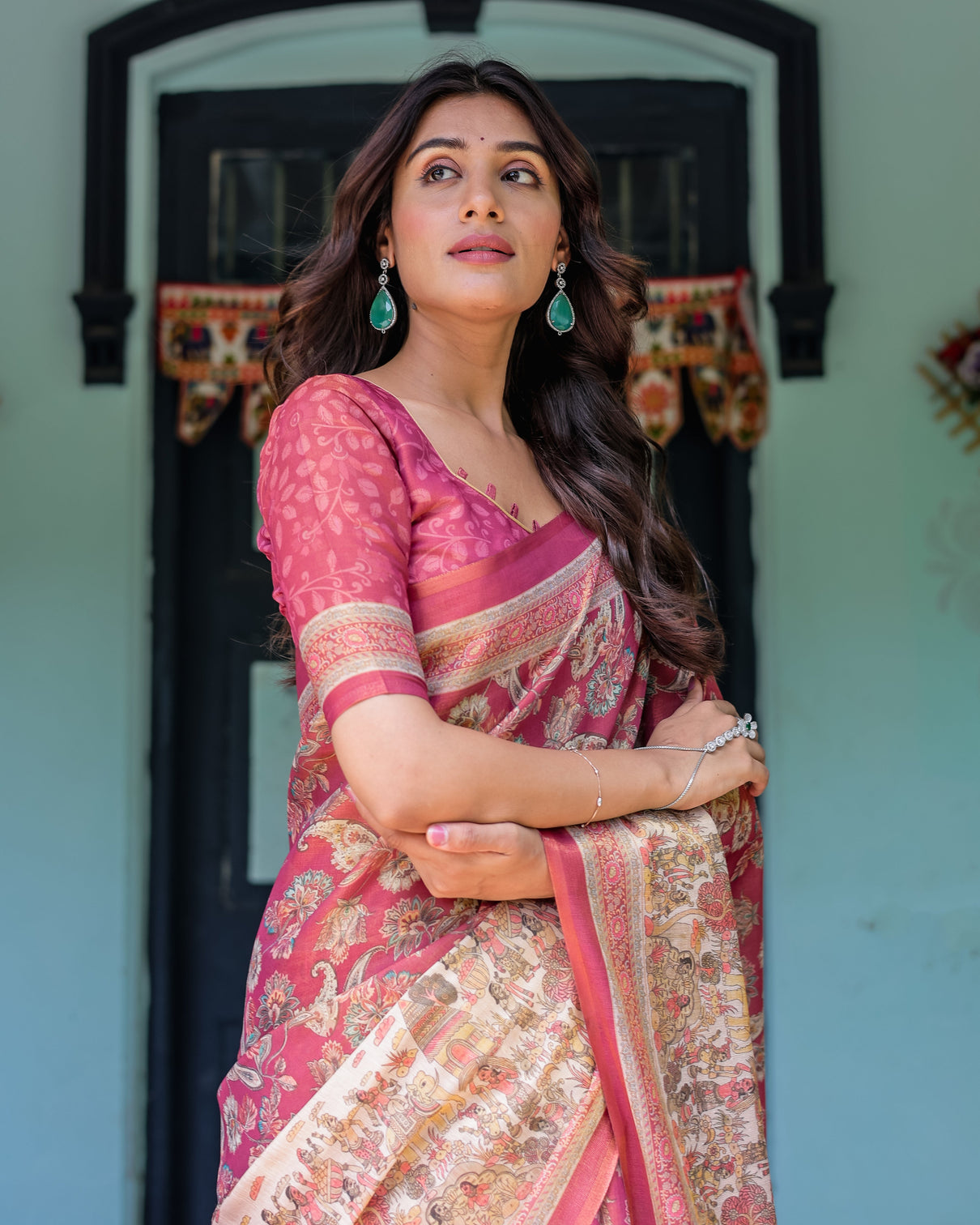 Maroon rose pink handloom cotton saree with traditional procession print floral vine motifs