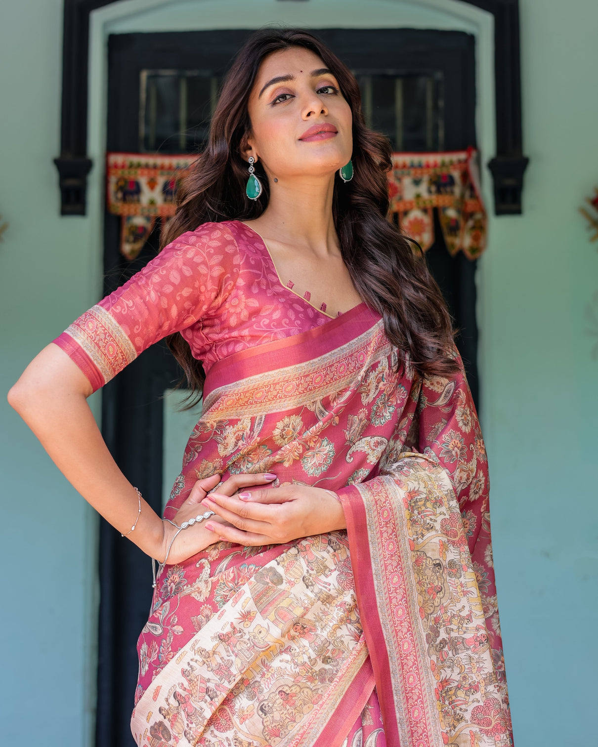 Maroon rose pink handloom cotton saree with traditional procession print floral vine motifs