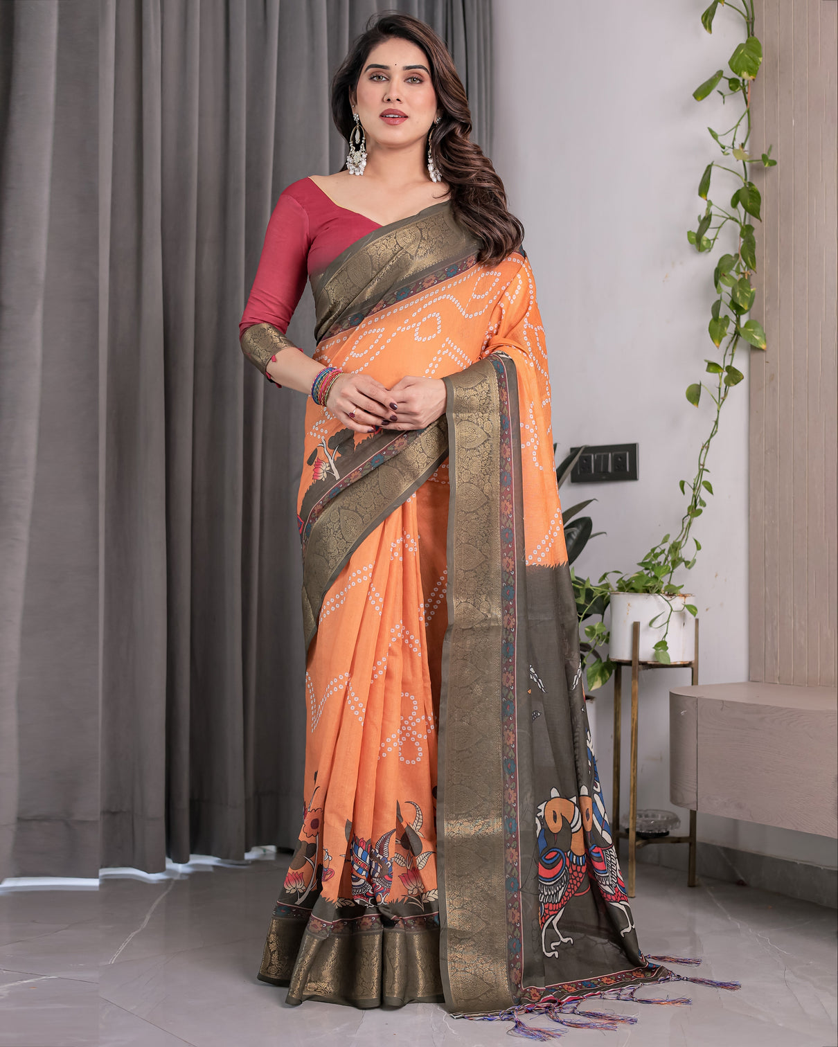 Dual tone mustard olive handloom saree with kalamkari inspired bird motifs zari border 5 5m saree 0 8m blouse