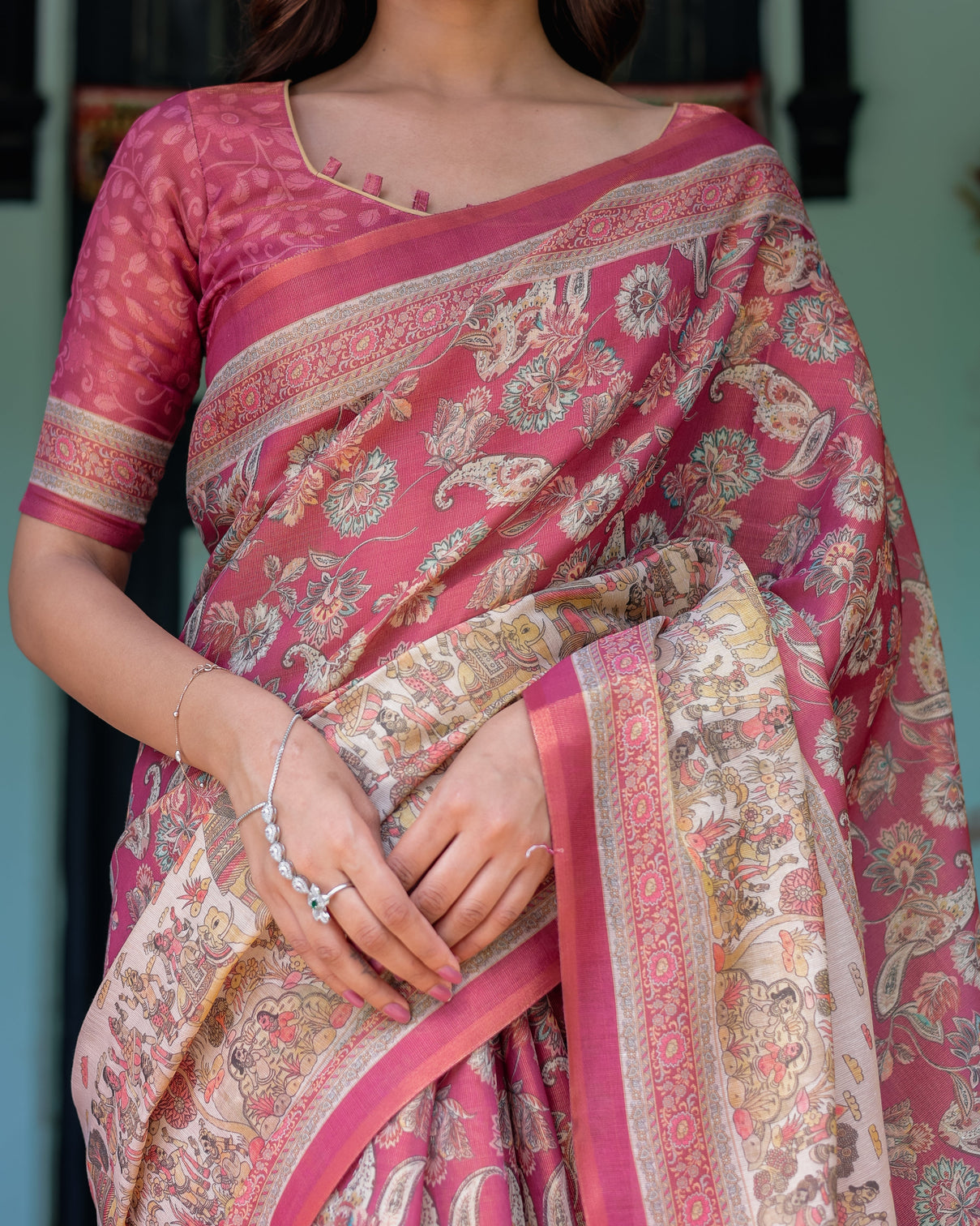 Maroon rose pink handloom cotton saree with traditional procession print floral vine motifs
