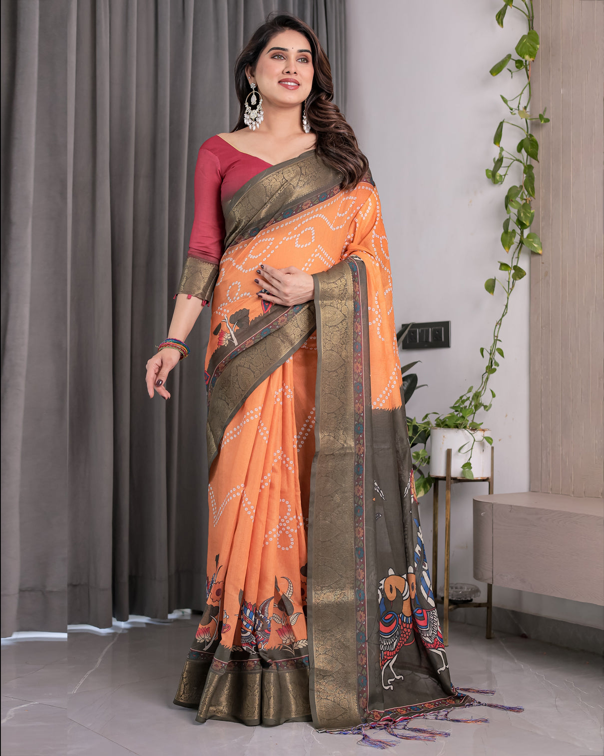 Dual tone mustard olive handloom saree with kalamkari inspired bird motifs zari border 5 5m saree 0 8m blouse