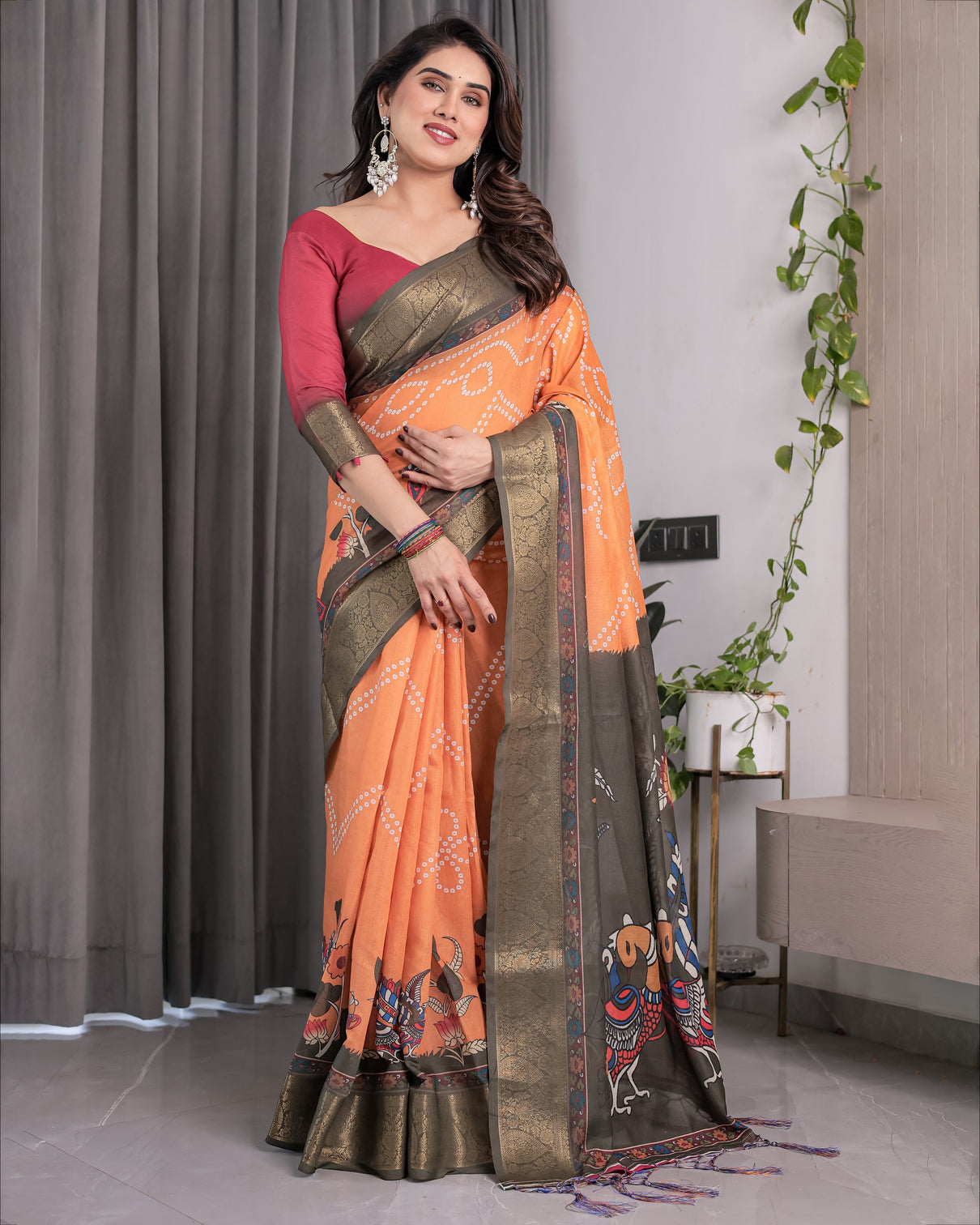 Dual tone mustard olive handloom saree with kalamkari inspired bird motifs zari border 5 5m saree 0 8m blouse