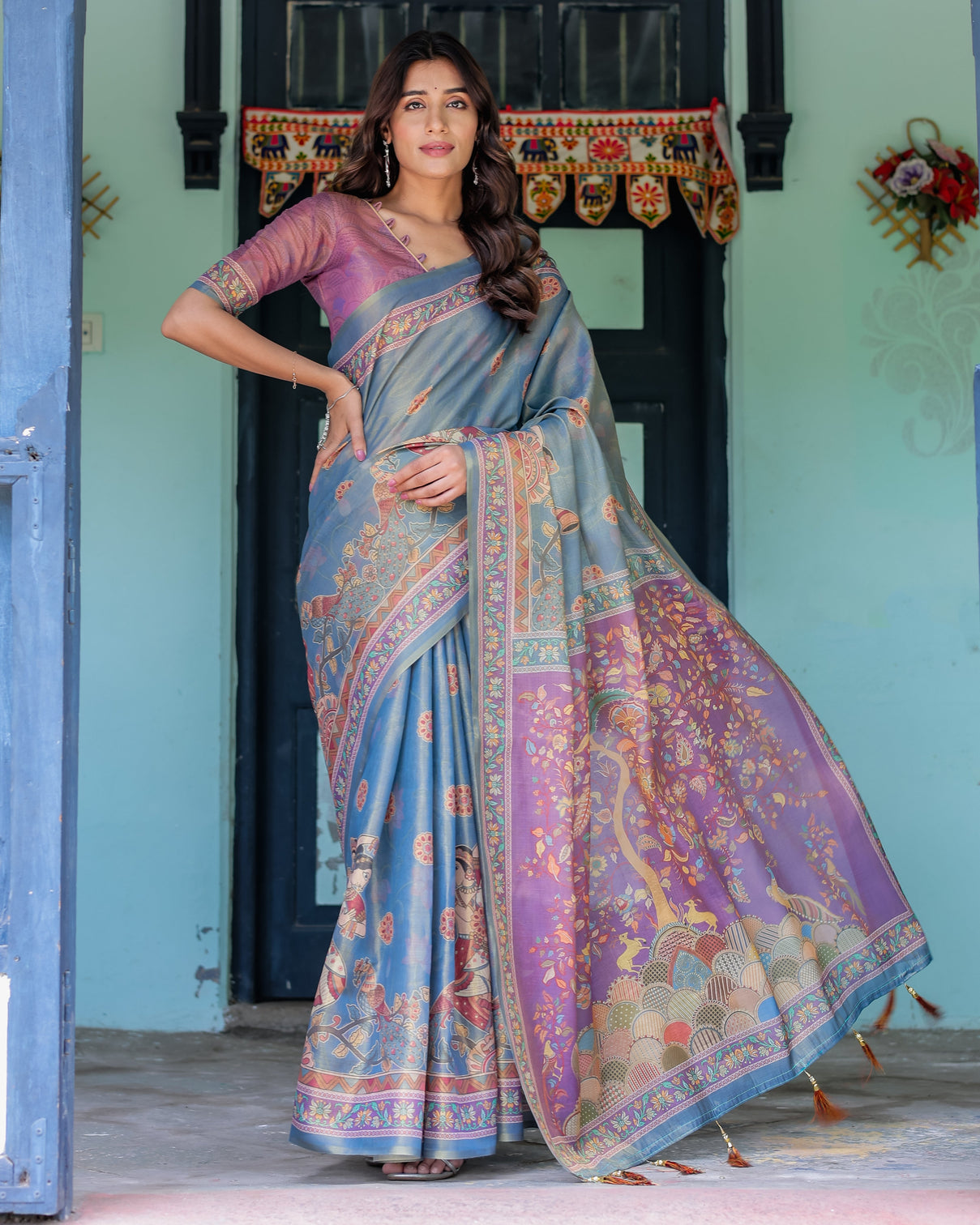 Dusky blue violet handloom cotton saree with mythical tree art peacock detailing mameraa
