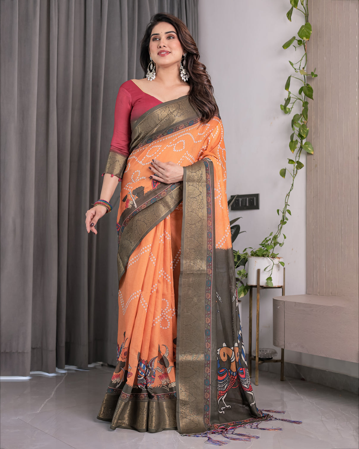 Dual tone mustard olive handloom saree with kalamkari inspired bird motifs zari border 5 5m saree 0 8m blouse