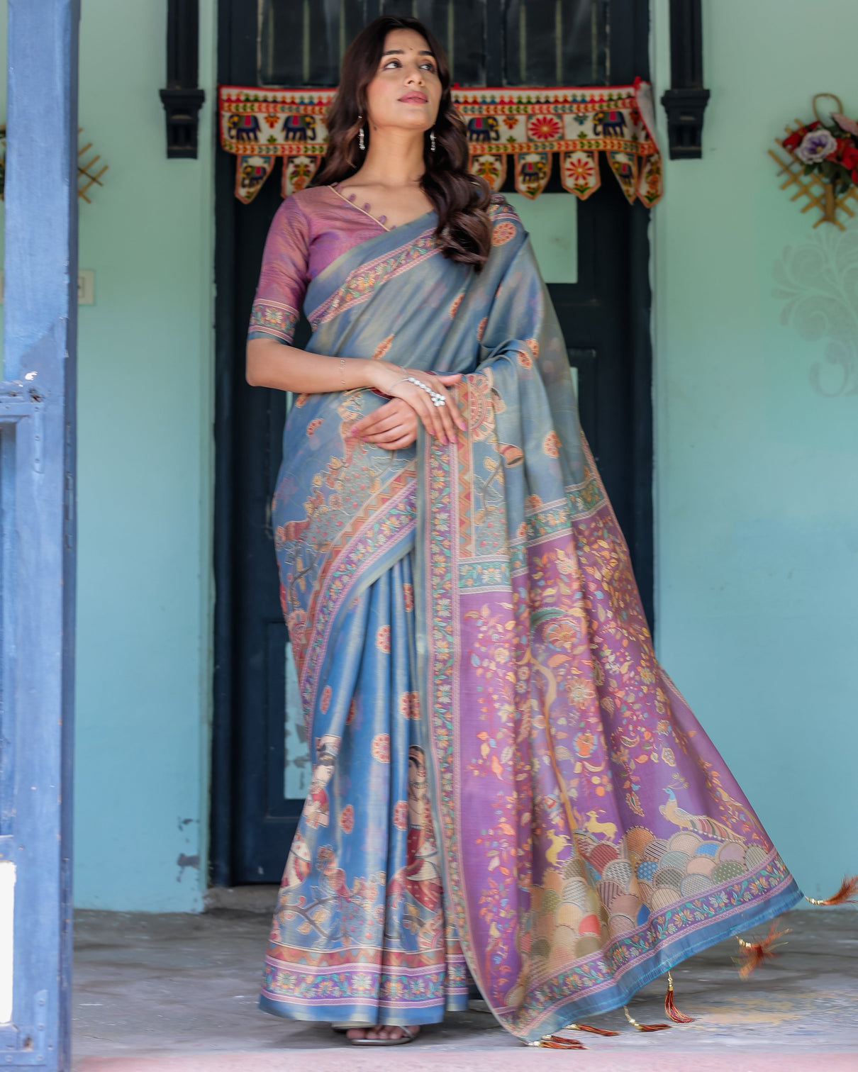 Dusky blue violet handloom cotton saree with mythical tree art peacock detailing