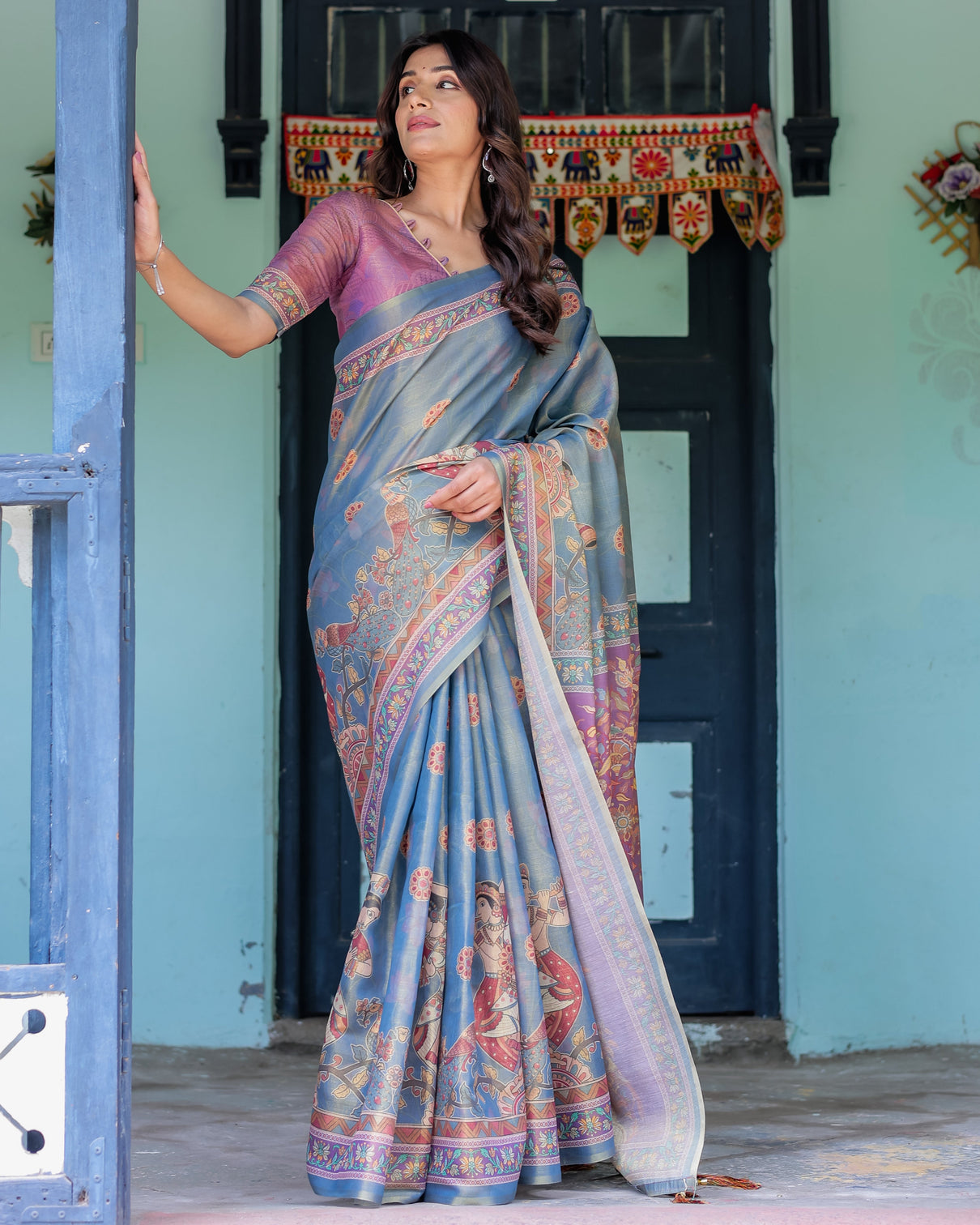 Dusky blue violet handloom cotton saree with mythical tree art peacock detailing