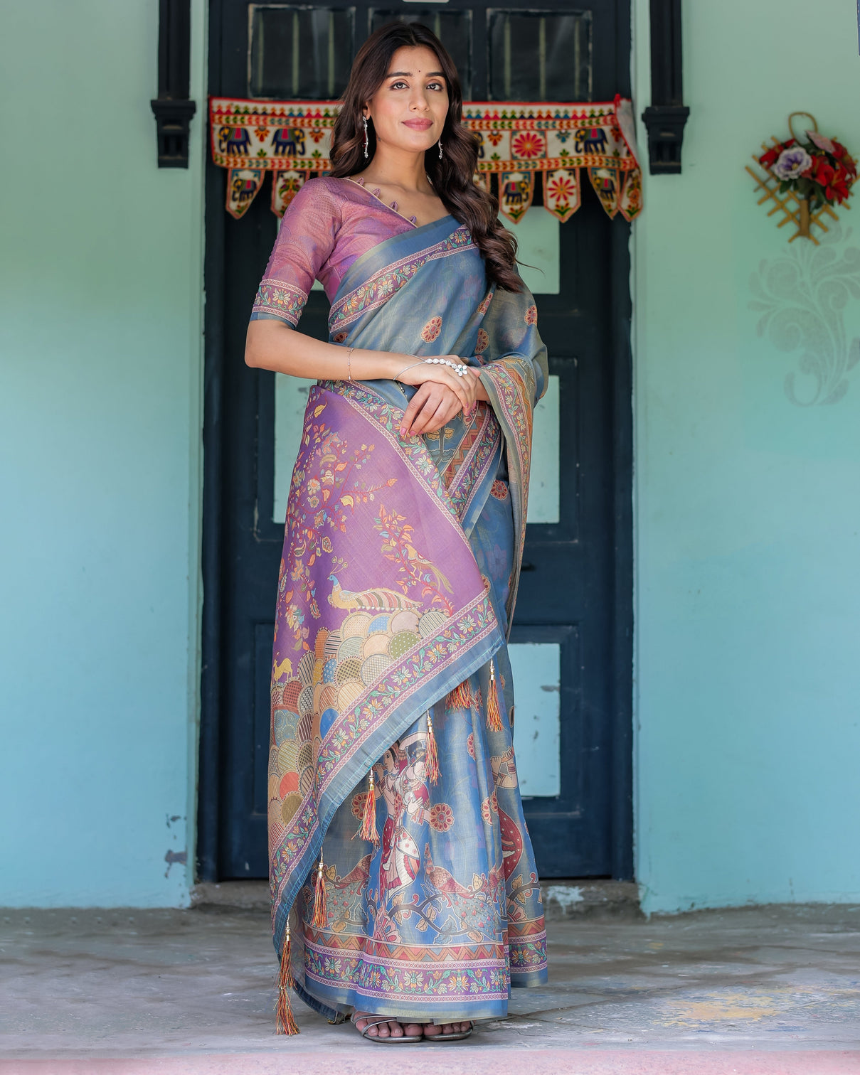 Dusky blue violet handloom cotton saree with mythical tree art peacock detailing