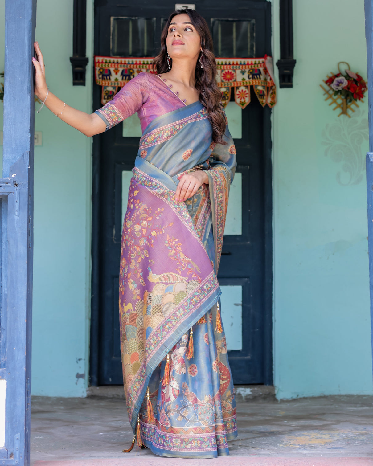 Dusky blue violet handloom cotton saree with mythical tree art peacock detailing