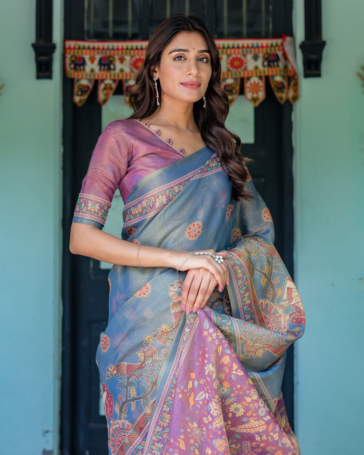 Dusky blue violet handloom cotton saree with mythical tree art peacock detailing