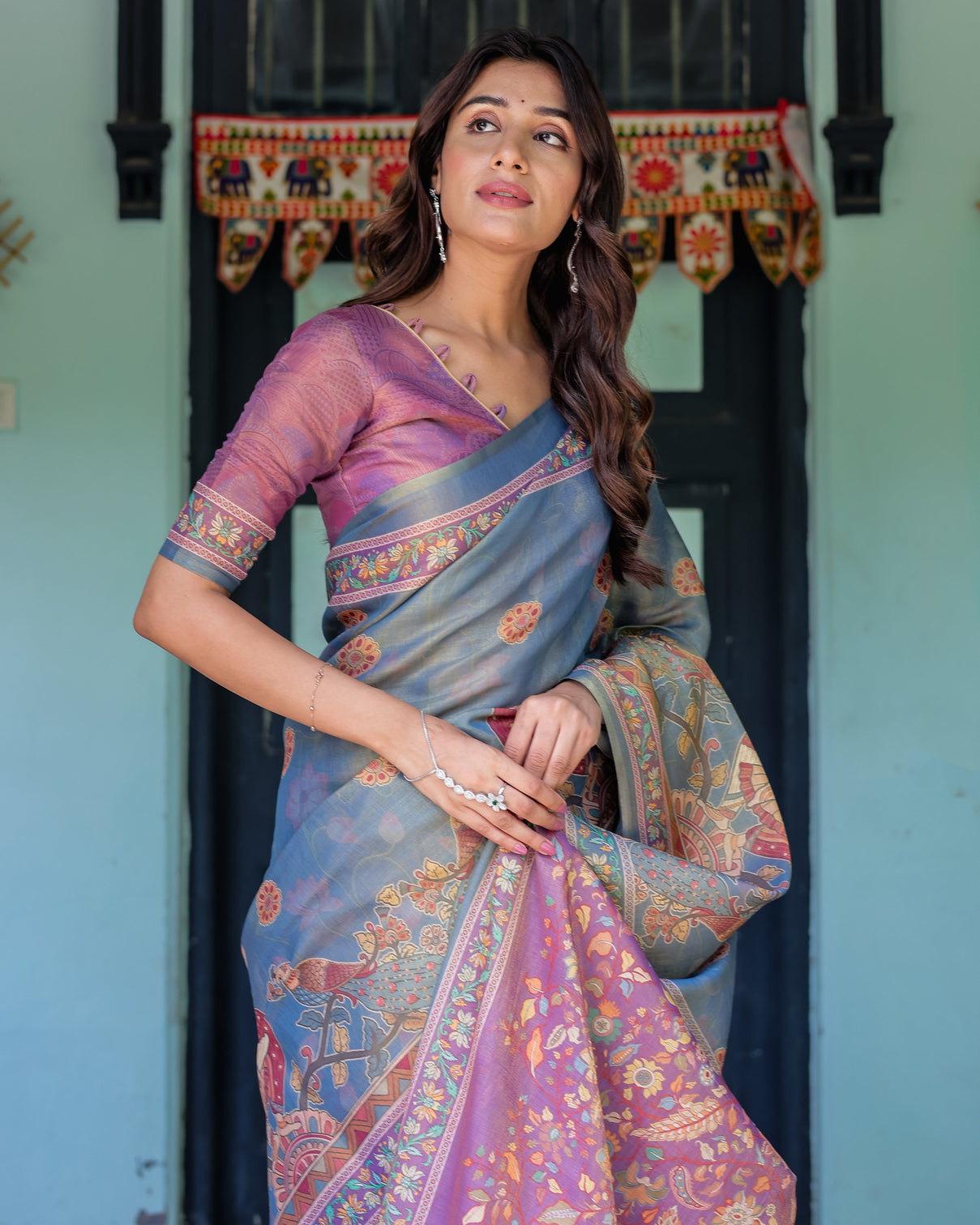 Dusky blue violet handloom cotton saree with mythical tree art peacock detailing
