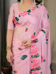 Baby pink satin georgette rose floral printed saree with attached blouse elegant soft flow designer saree