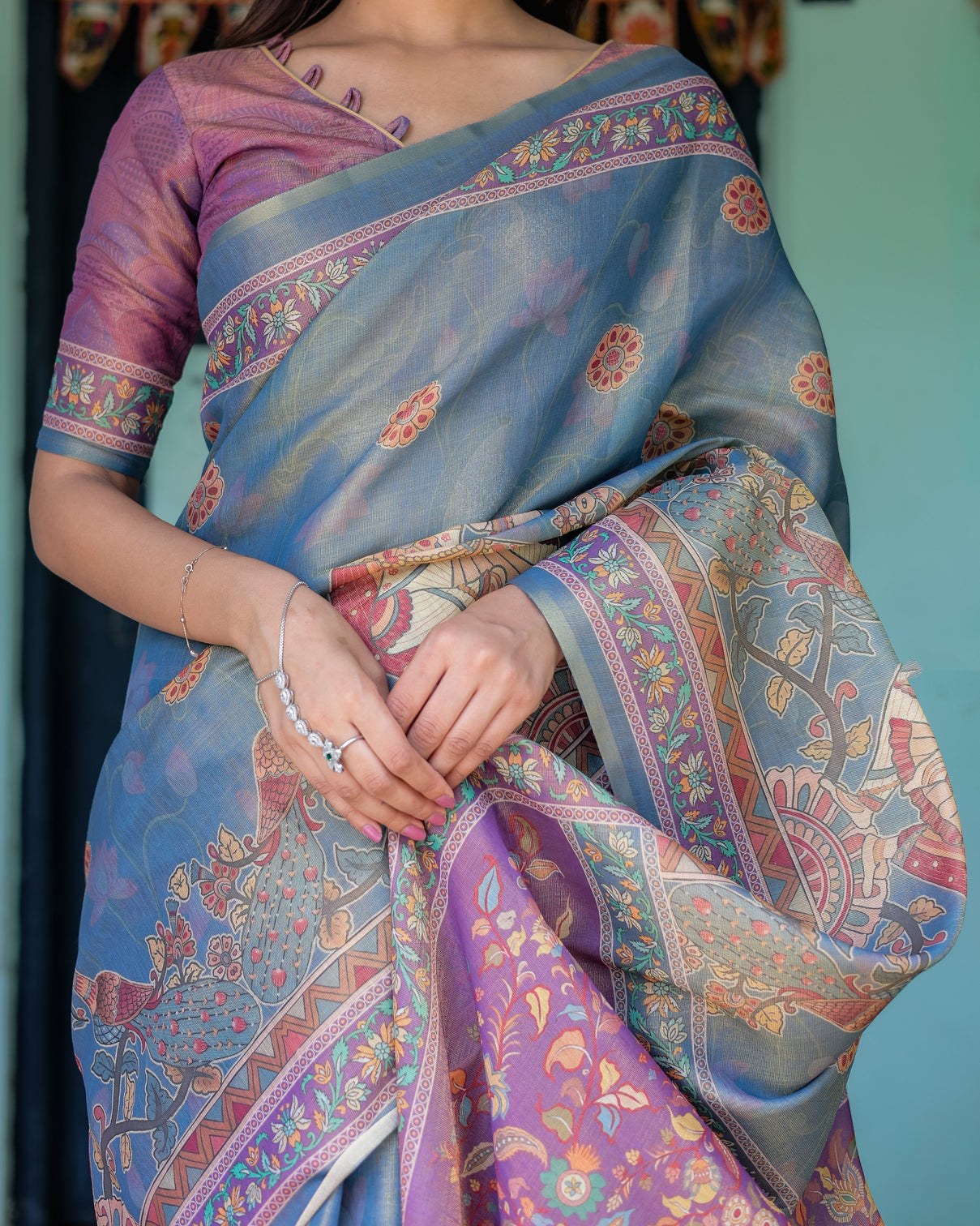 Dusky blue violet handloom cotton saree with mythical tree art peacock detailing