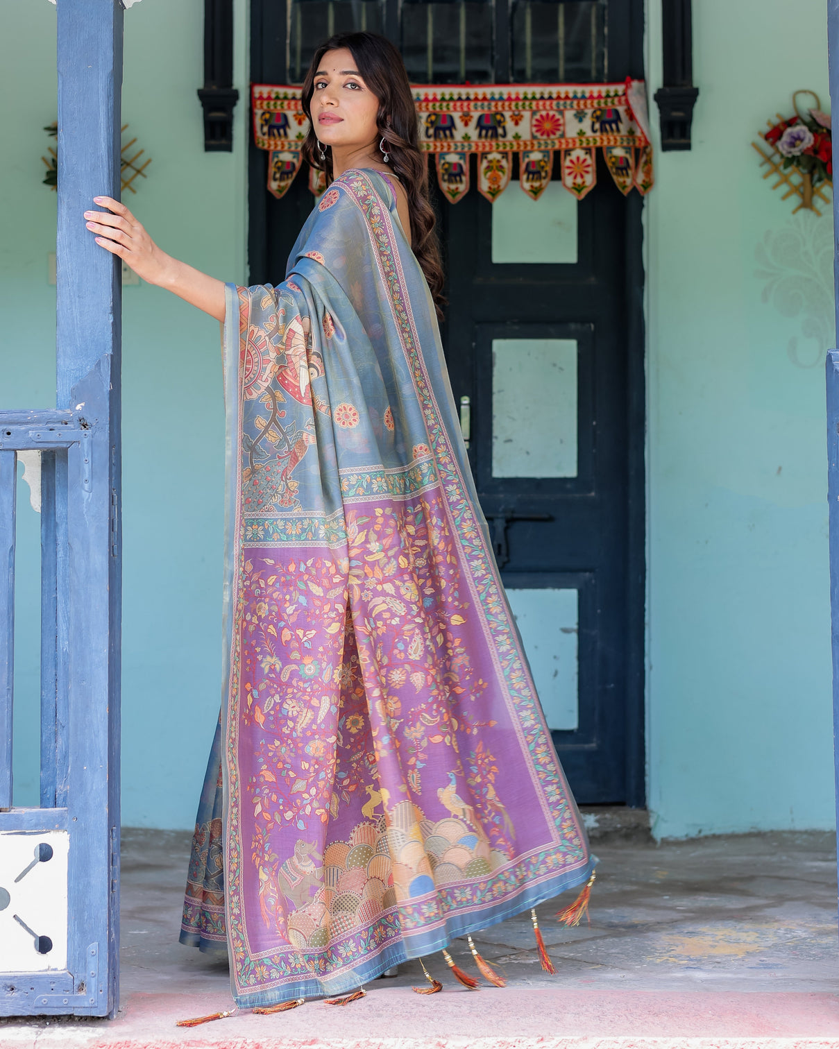 Dusky blue violet handloom cotton saree with mythical tree art peacock detailing