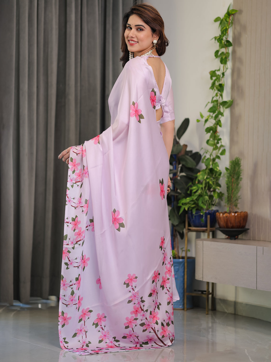 Blush pink satin georgette floral printed saree with attached blouse soft cherry blossom designer drape