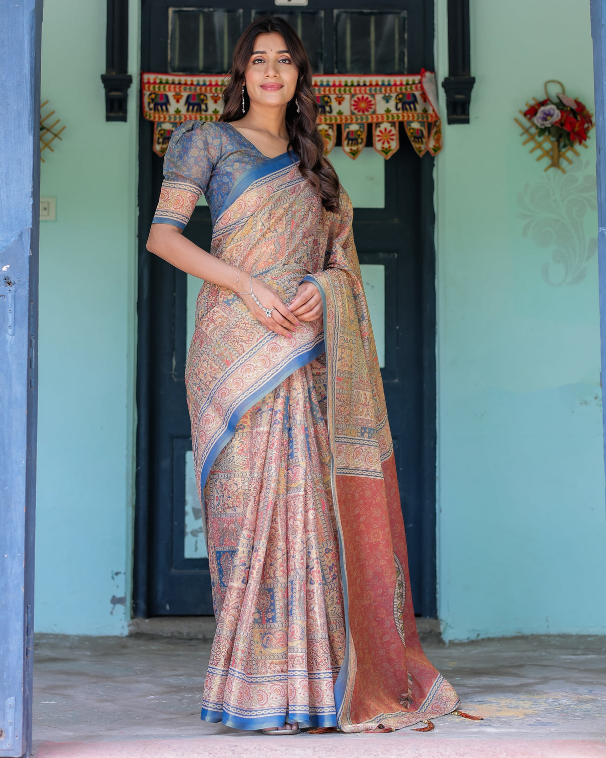 Rust blue handloom cotton saree with classical dancer motif and patchwork digital print mameraa