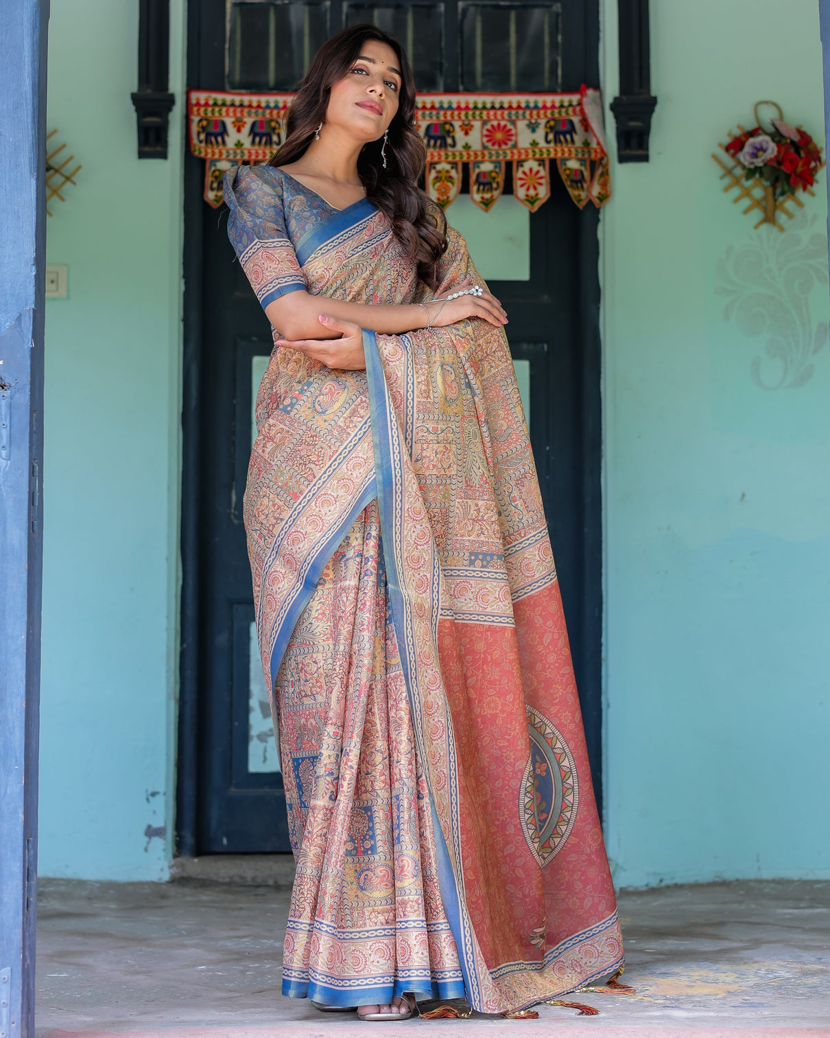 Rust blue handloom cotton saree with classical dancer motif and patchwork digital print